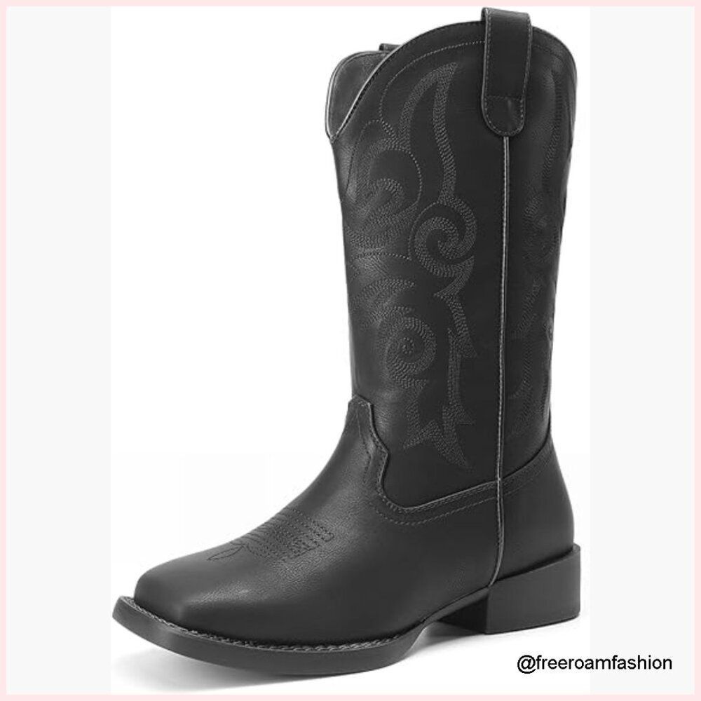 Mid Calf Western Boots Square Toe Embroidered Chunky Heel Dress Fashion